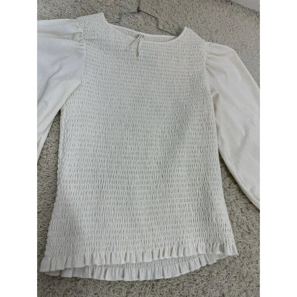 Anthropologie Smocked Puff Sleeve Ivory Cream Top Blouse Size S‎ Boho Bodycon